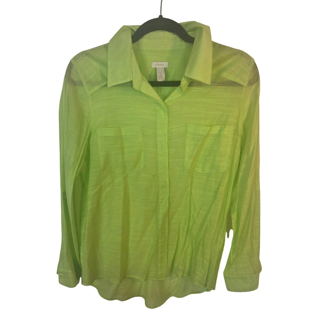 Chicos Lime Green Button Down Shirt Slub Texture Long Sleeve Blouse Size 1 M